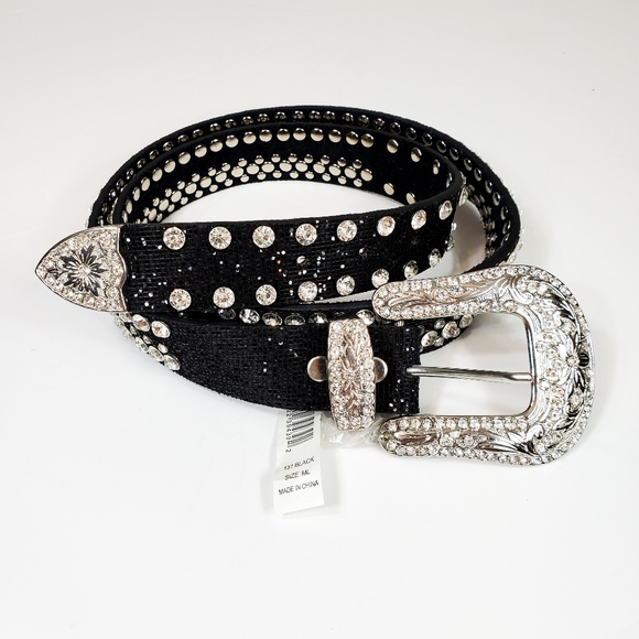 Accessories - NWT Rhinestone Studded Black Leather Belt